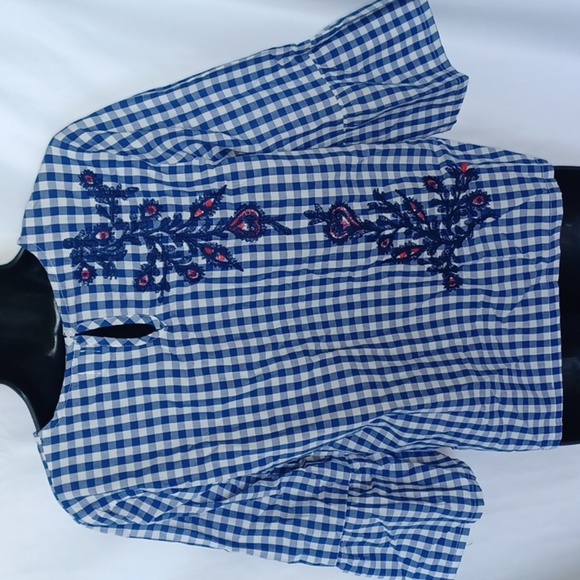 a.moon Embroidered Gingham 3/4 Sleeve Blouse - Picture 4 of 7